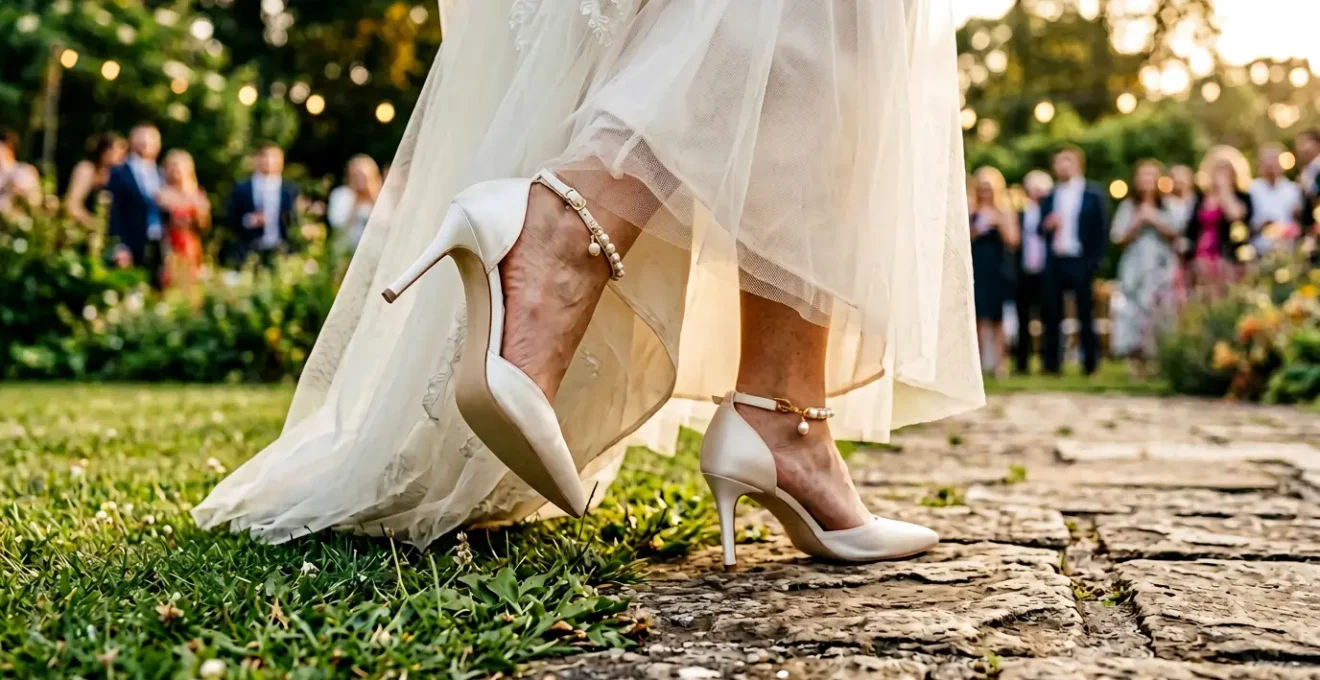 Mariée élégante dans ses chaussures blanches lors d'une longue journée de célébration