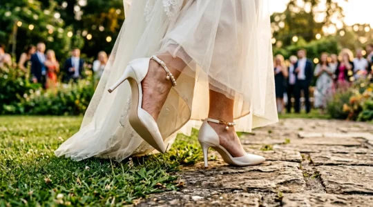 Mariée élégante dans ses chaussures blanches lors d'une longue journée de célébration