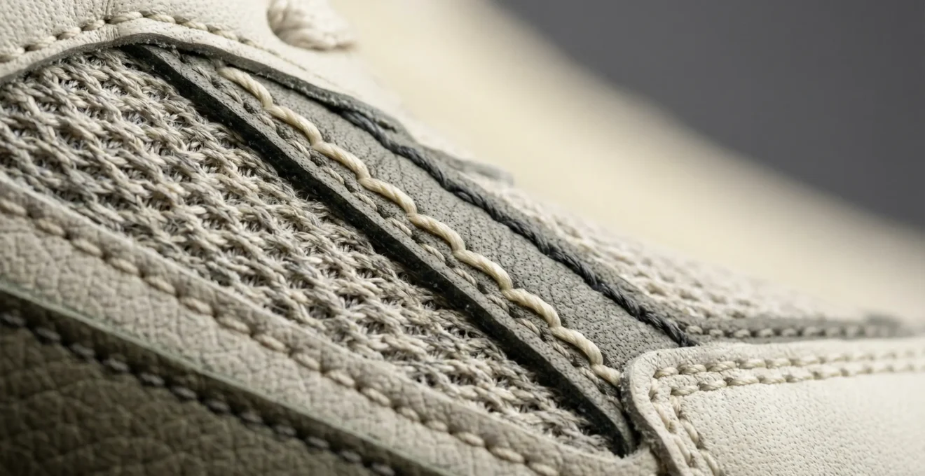 Détail macro d'une sneaker émergente montrant la qualité des matériaux et finitions