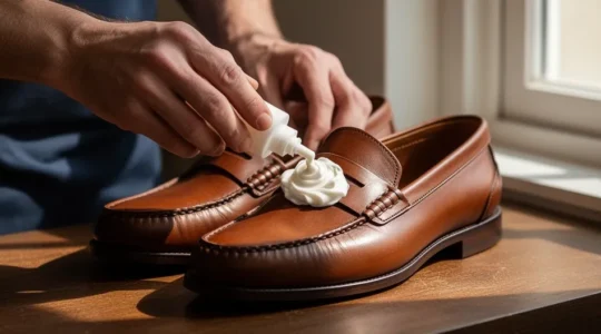 Mains d'artisan appliquant une crème assouplissante sur des mocassins en cuir neufs avec embauchoirs en cèdre