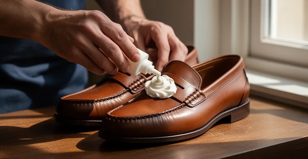 Mains d'artisan appliquant une crème assouplissante sur des mocassins en cuir neufs avec embauchoirs en cèdre