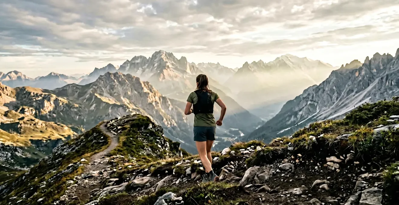 Coureur en montagne consultant sa montre GPS pendant une ascension