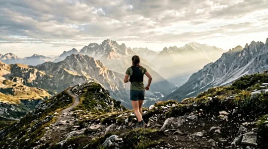 Coureur en montagne consultant sa montre GPS pendant une ascension