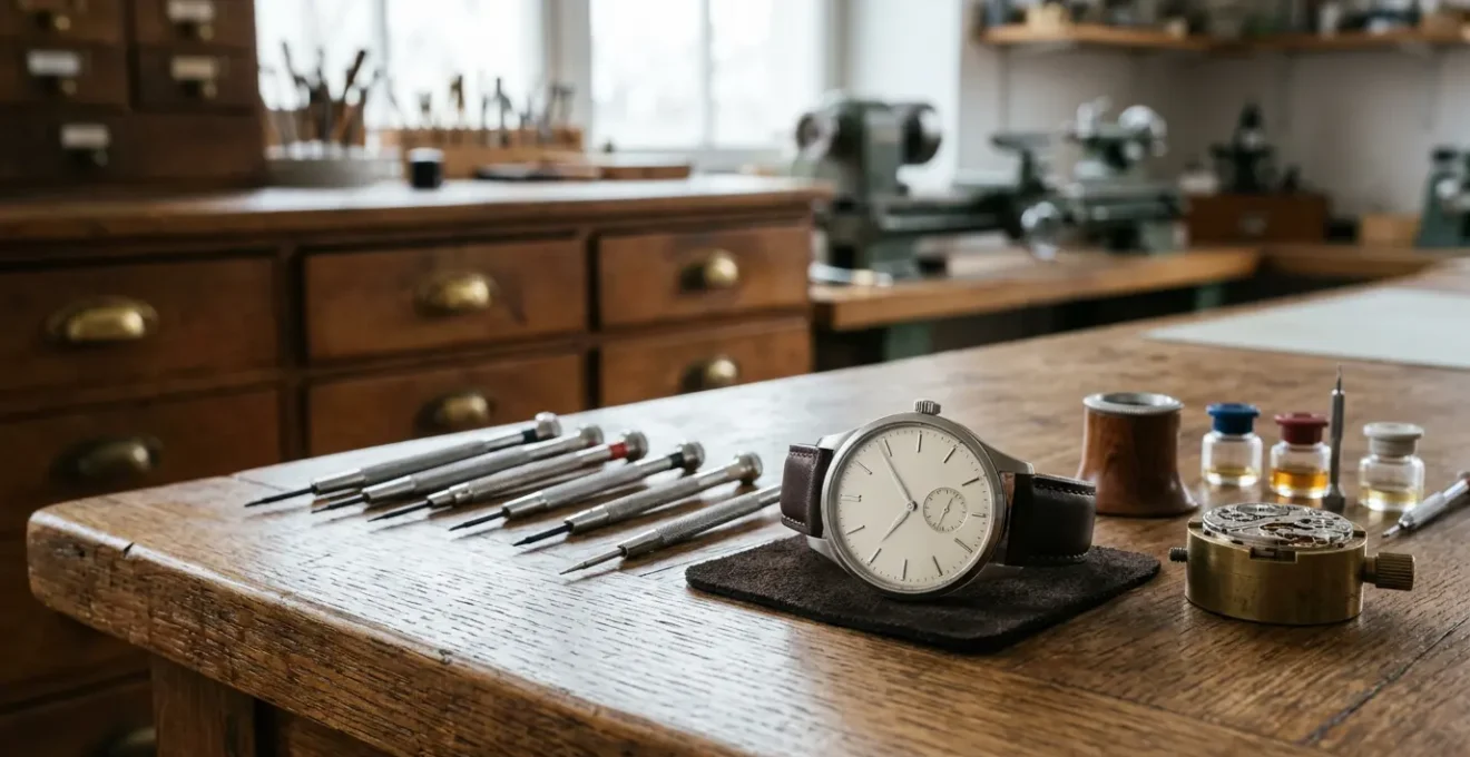 Montre mécanique de luxe sur établi d'horloger avec outils traditionnels et loupe