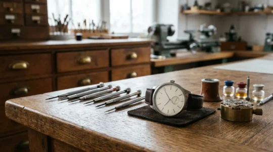 Montre mécanique de luxe sur établi d'horloger avec outils traditionnels et loupe