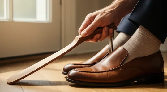 Personne utilisant un chausse-pied à long manche pour enfiler ses chaussures confortablement assis