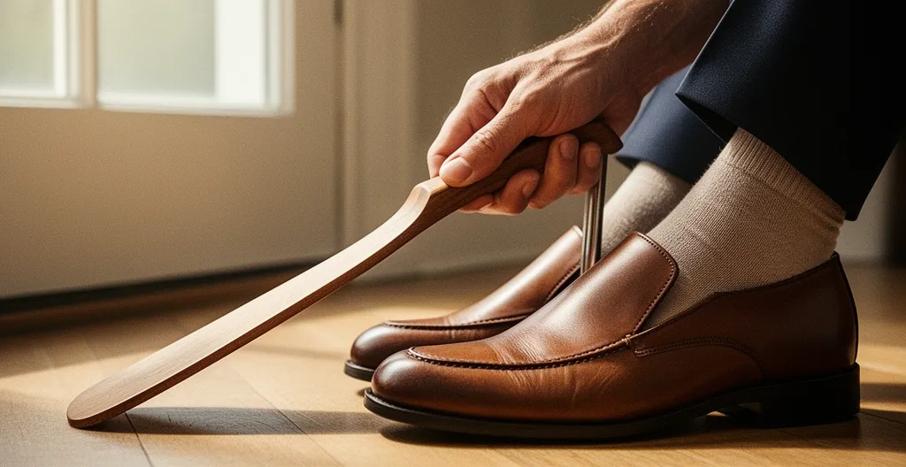 Personne utilisant un chausse-pied à long manche pour enfiler ses chaussures confortablement assis