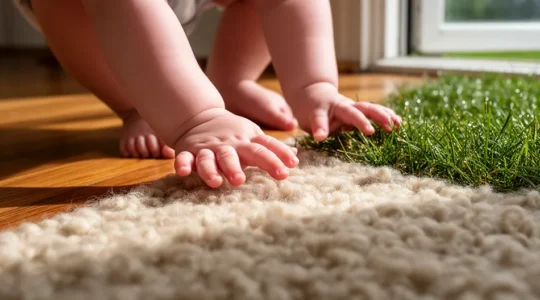 Pieds de bébé sur différentes textures naturelles, explorant librement des surfaces variées