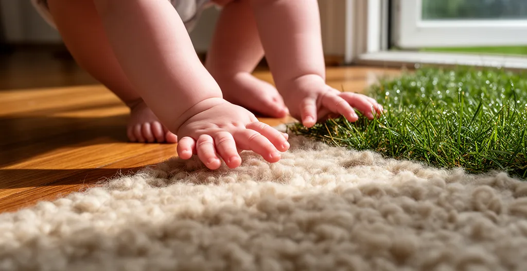Pieds de bébé sur différentes textures naturelles, explorant librement des surfaces variées