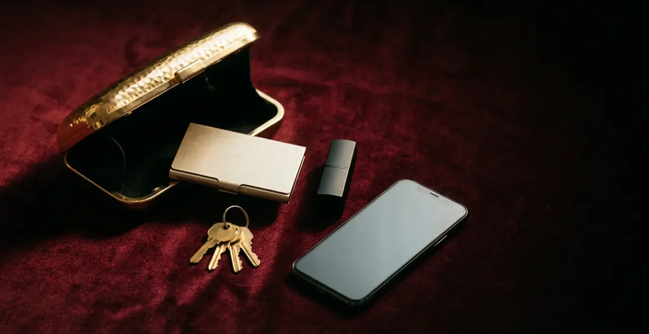 Pochette de soirée minimaliste avec les essentiels élégamment disposés