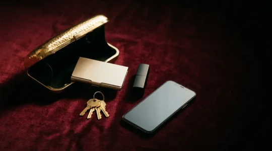 Pochette de soirée minimaliste avec les essentiels élégamment disposés