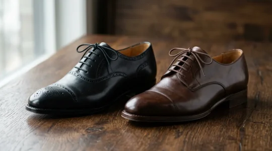 Comparaison visuelle entre une chaussure Richelieu et une Derby pour homme au cou-de-pied fort