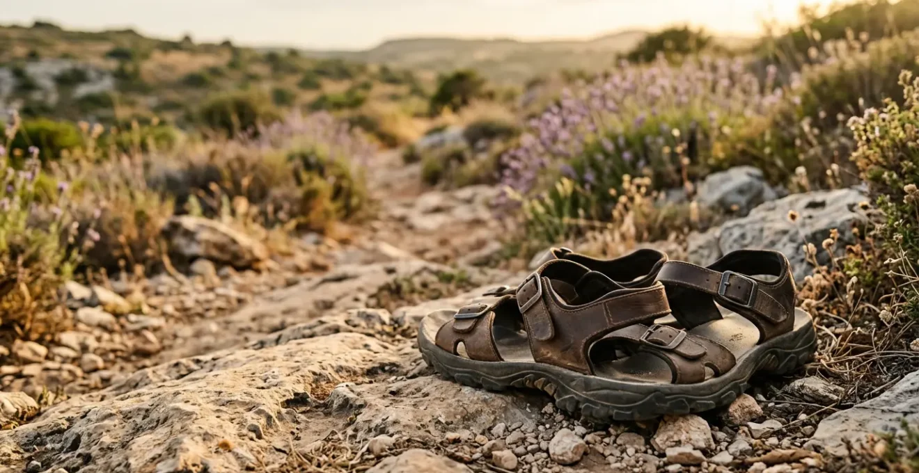 Sandales de marche techniques sur un sentier caillouteux avec vue sur un paysage estival méditerranéen