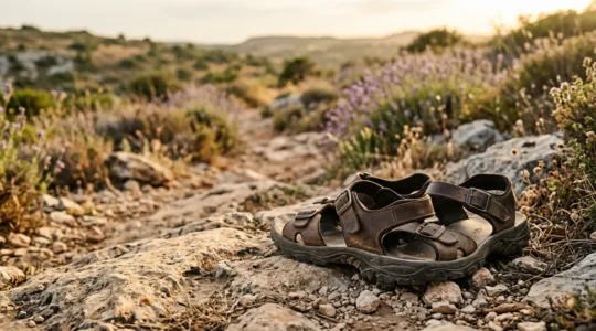 Sandales de marche techniques sur un sentier caillouteux avec vue sur un paysage estival méditerranéen