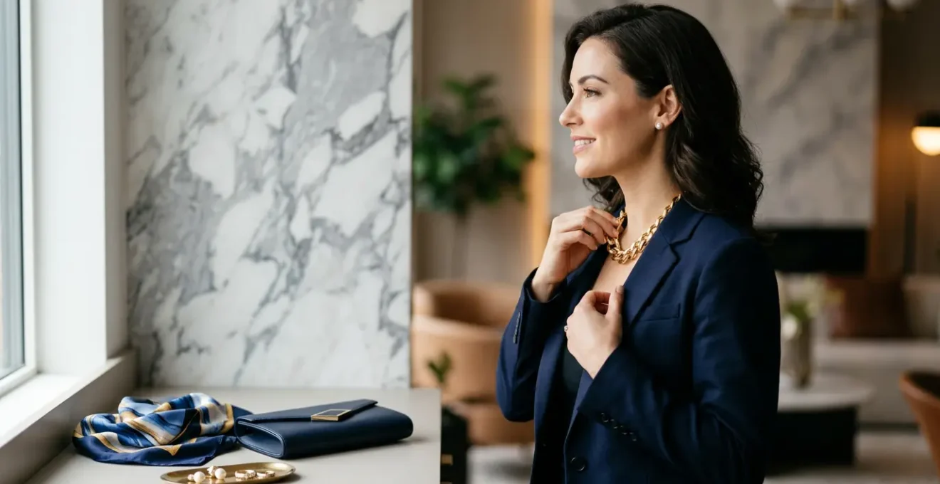 Femme élégante transformant sa tenue de bureau avec des accessoires raffinés pour une soirée