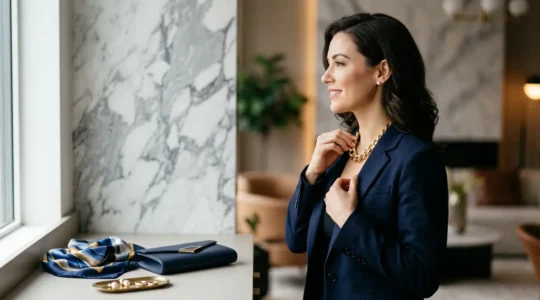 Femme élégante transformant sa tenue de bureau avec des accessoires raffinés pour une soirée