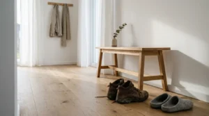 Espace d'entrée d'une maison avec rituel de changement de chaussures