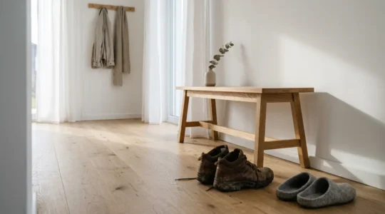 Espace d'entrée d'une maison avec rituel de changement de chaussures