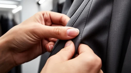 Inspection détaillée des coutures d'un vêtement en cabine d'essayage avec doigts examinant la qualité du tissage