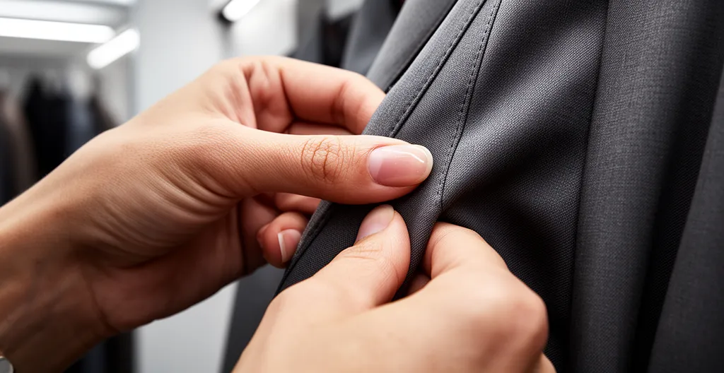 Inspection détaillée des coutures d'un vêtement en cabine d'essayage avec doigts examinant la qualité du tissage