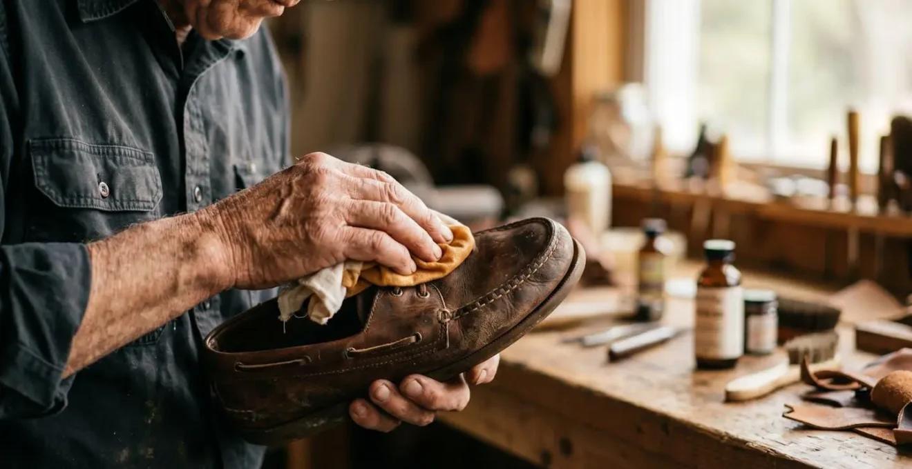 Application d'huile nourrissante sur le cuir d'une chaussure bateau avec un chiffon doux