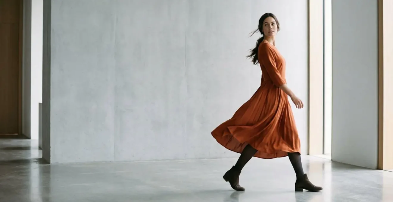 Femme en robe midi avec bottines créant une ligne harmonieuse sans cassure visuelle