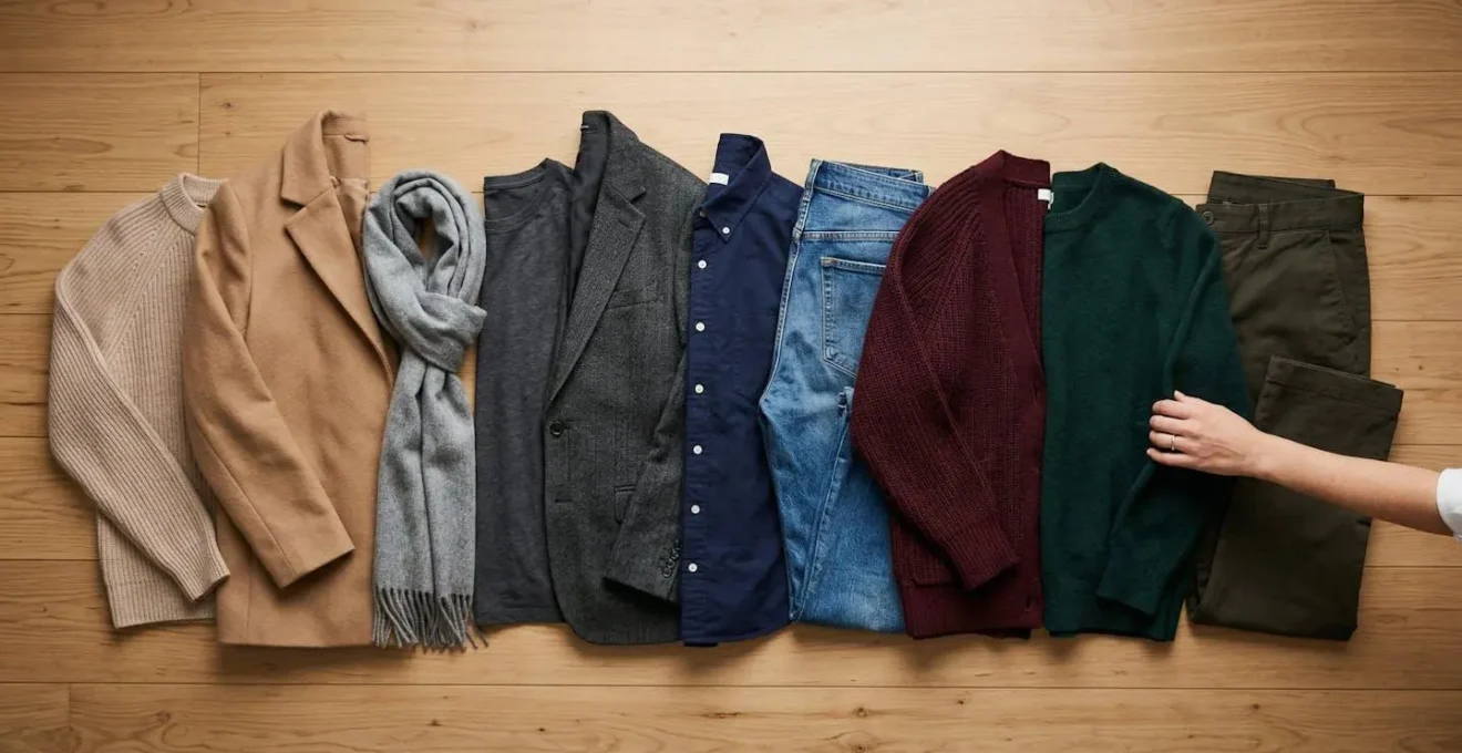 Vue aérienne d'une garde-robe capsule minimaliste organisée pour la mi-saison