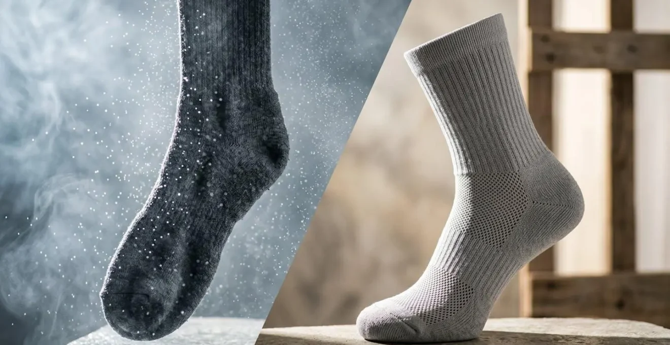 Comparaison de chaussettes techniques et coton montrant la gestion de l'humidité