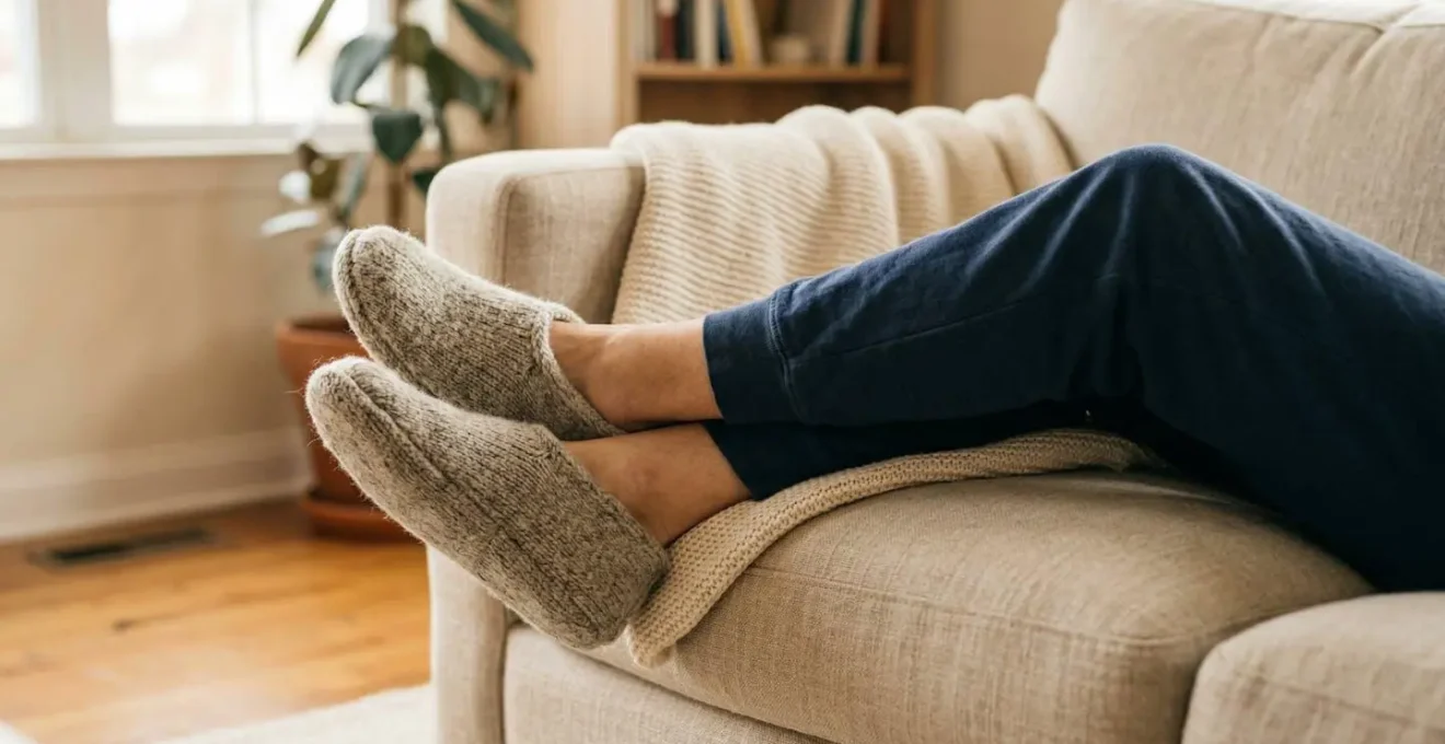 Chaussons en matières naturelles posés sur un parquet en bois