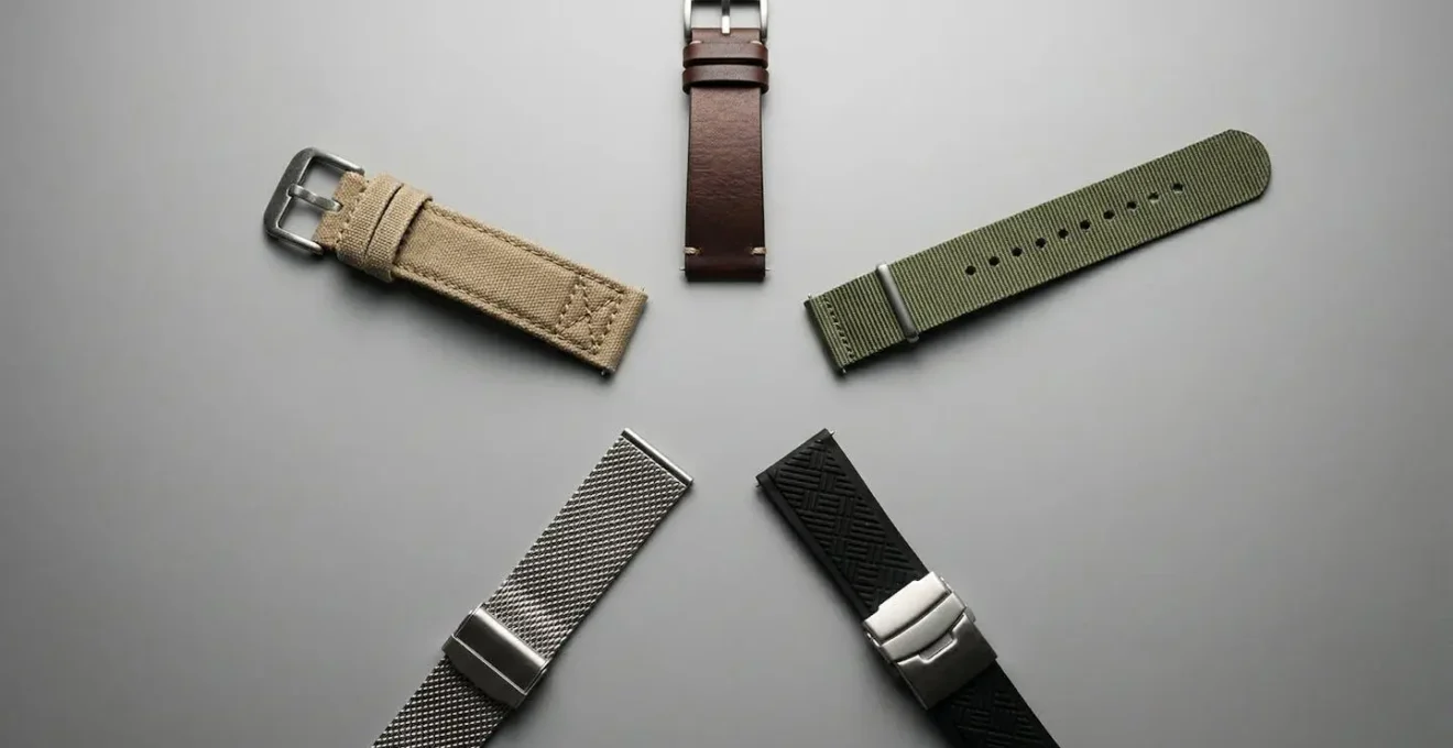 Assortiment de bracelets de montre en différentes matières disposés artistiquement