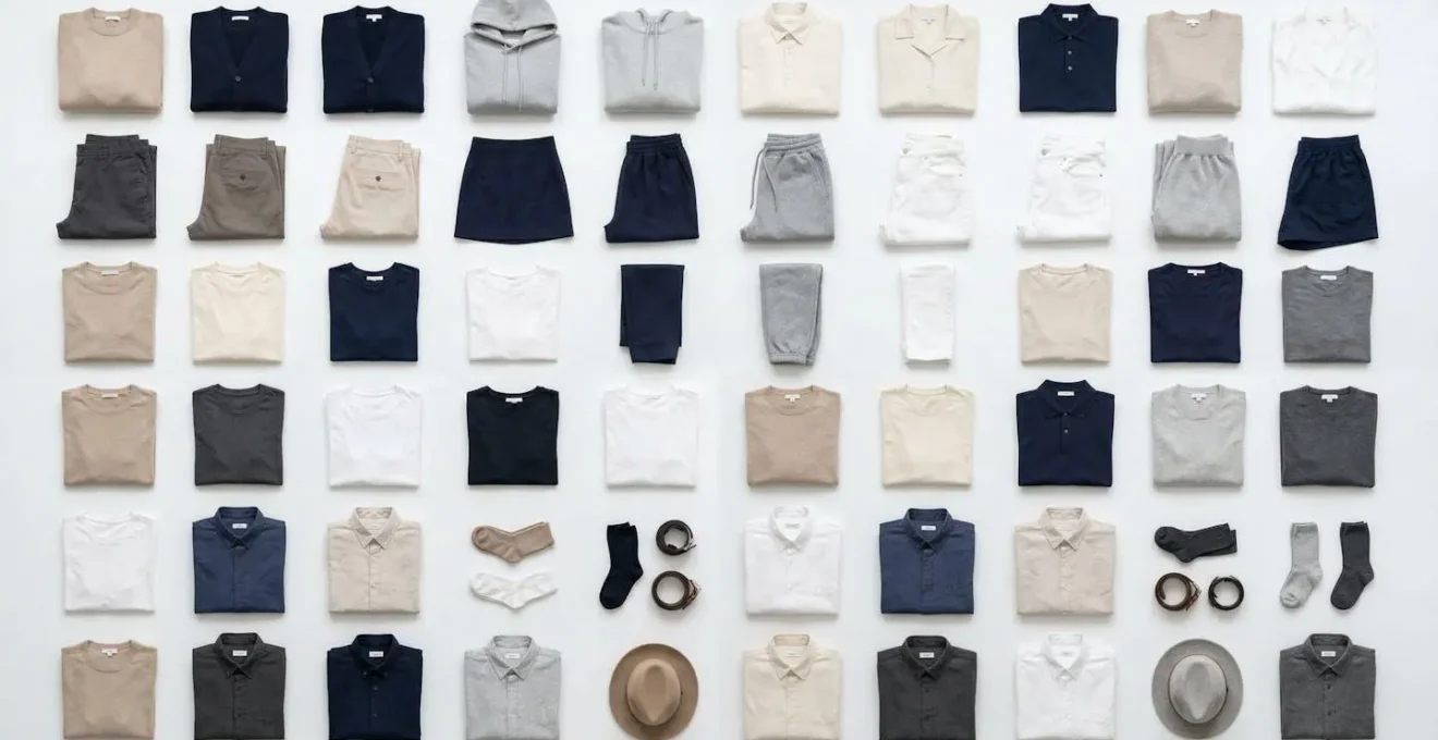 Vue aérienne de vêtements disposés en grille montrant différentes combinaisons possibles