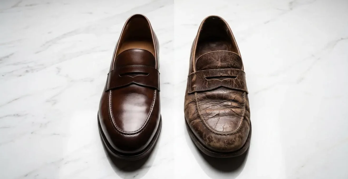 Comparaison côte à côte de deux chaussures en cuir marron, l'une parfaitement entretenue et l'autre montrant des signes de négligence avec des plis marqués
