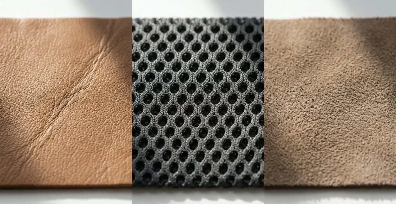 Gros plan macro sur différentes textures de matières pour sandales sous lumière naturelle
