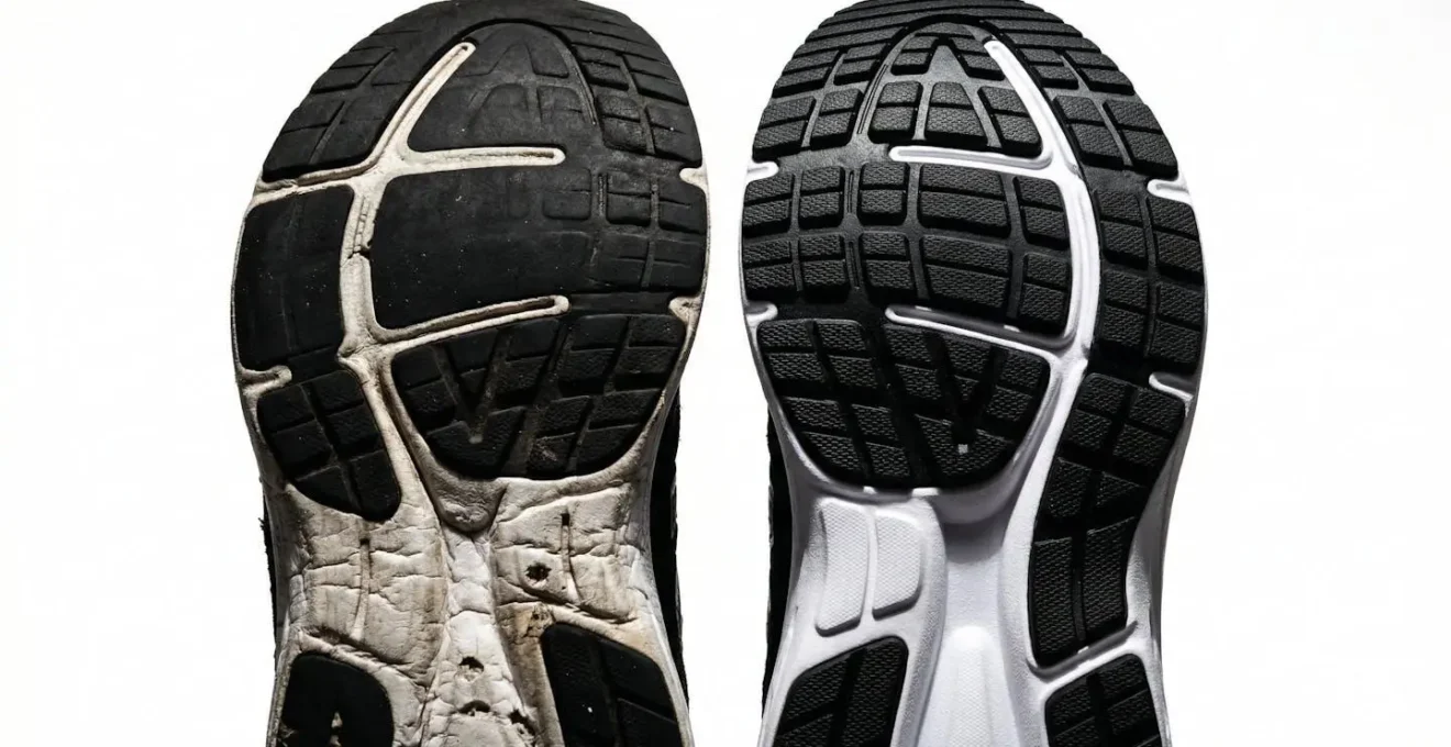 Comparaison entre une semelle de sneaker usée et une semelle neuve, vue de profil