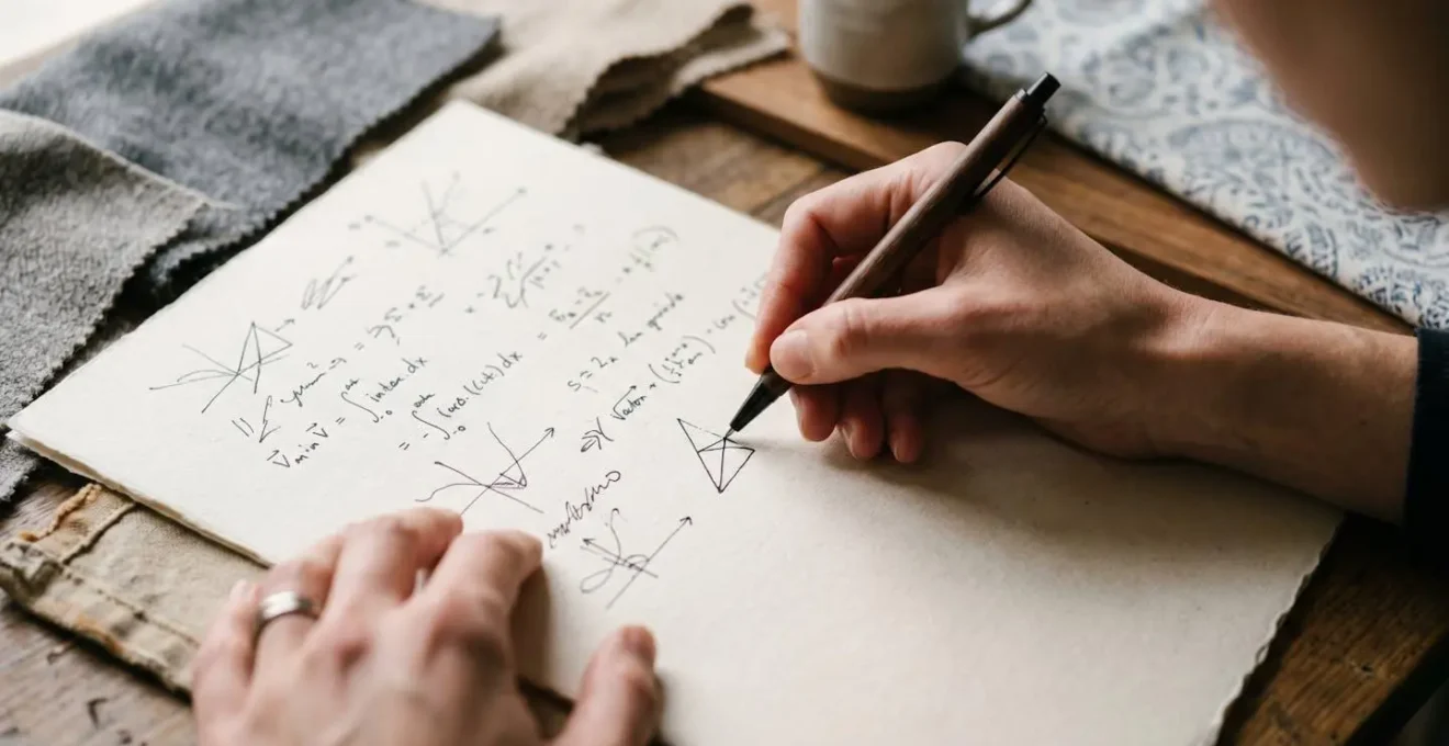 Mains calculant sur papier le coût par port d'un vêtement avec tissu de qualité en arrière-plan