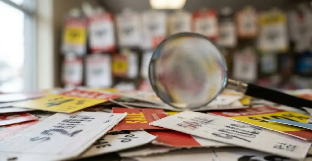 Gros plan macro sur des étiquettes de prix analysées à la loupe montrant les vraies réductions
