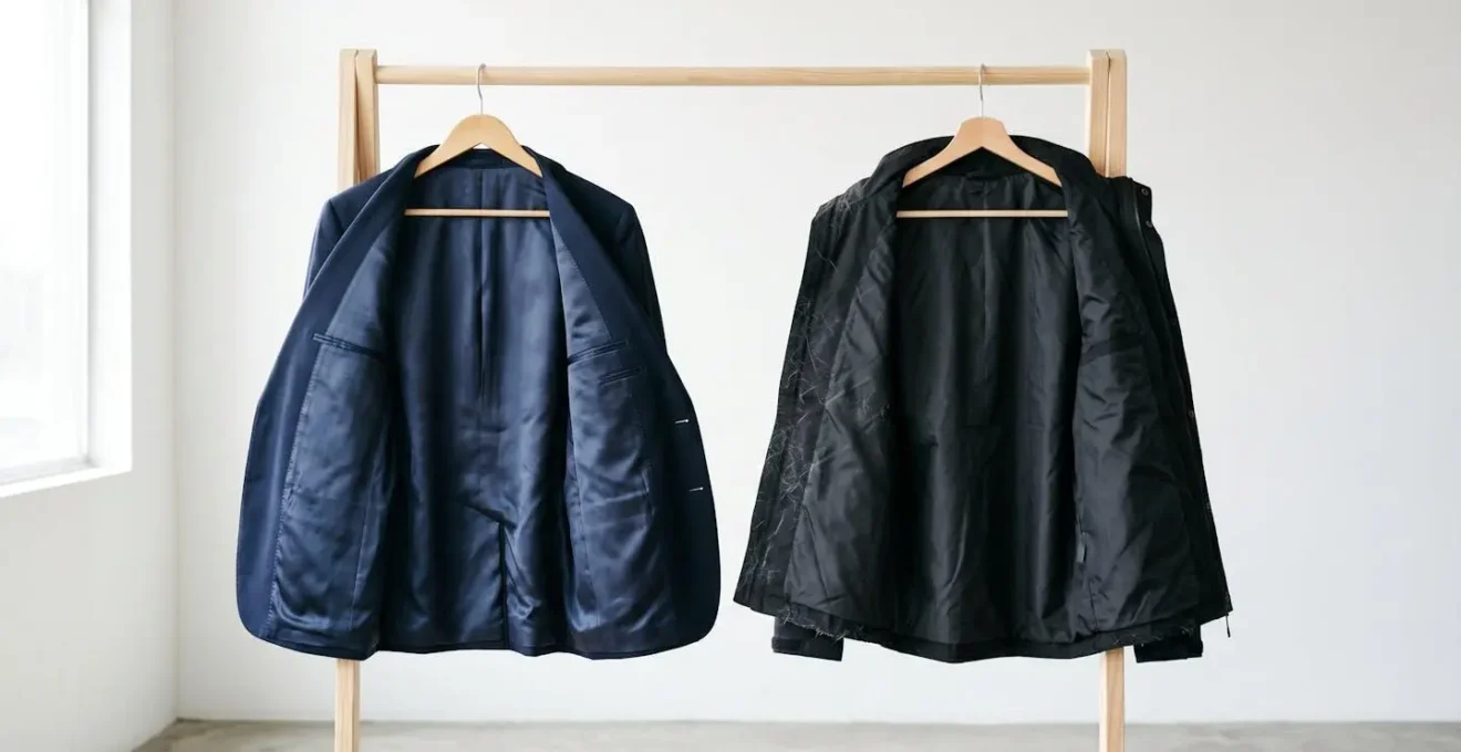 Comparaison visuelle entre une doublure en Cupro brillante et une doublure polyester mate dans deux vestes ouvertes