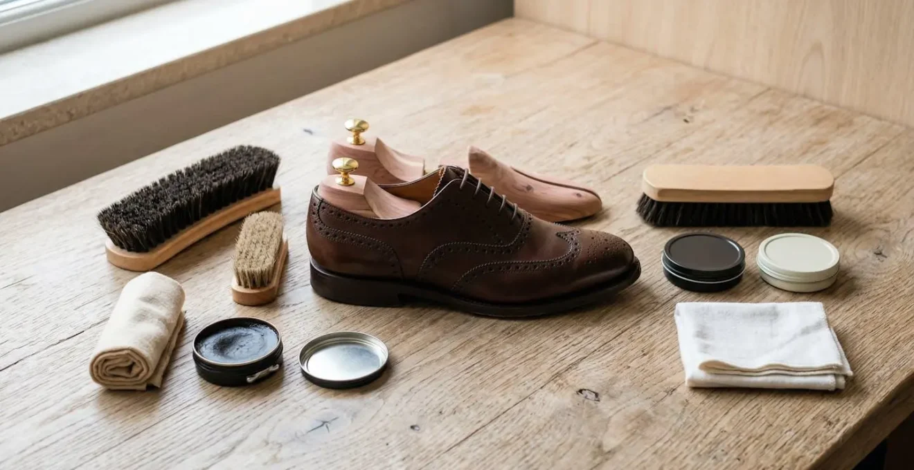 Gros plan sur des outils d'entretien de chaussures disposés autour d'une brogue en cuir