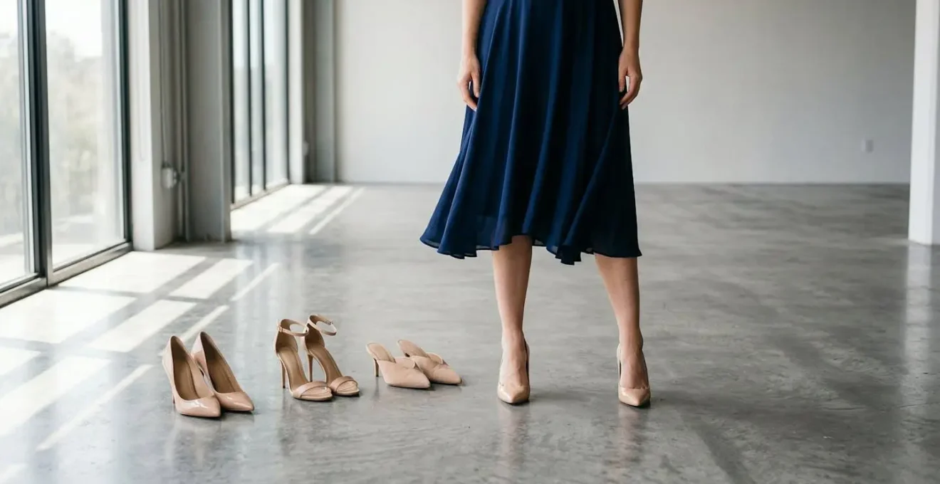 Comparaison de différentes coupes d'escarpins avec une robe mi-longue montrant comment un modèle décolleté allonge la silhouette.