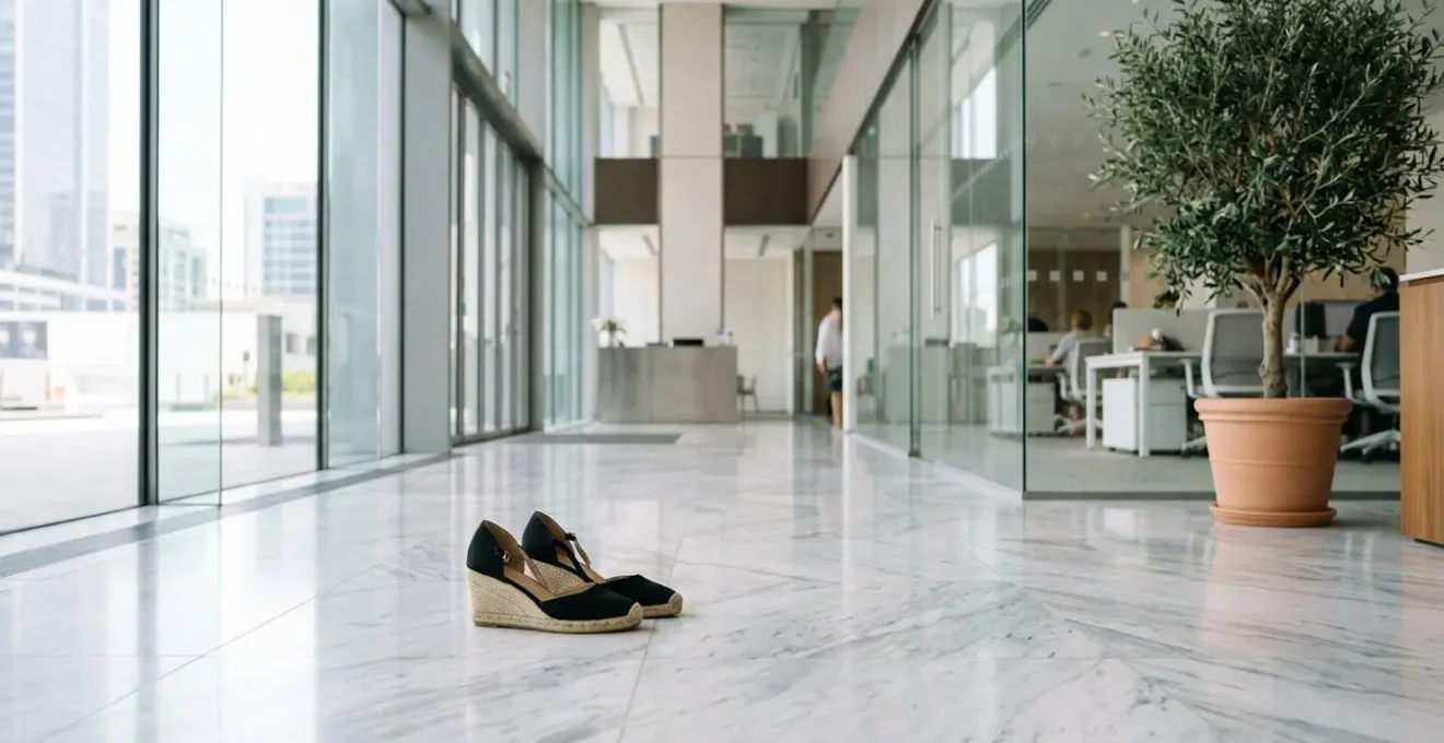 Espadrilles compensées noires impeccables dans un environnement de bureau moderne