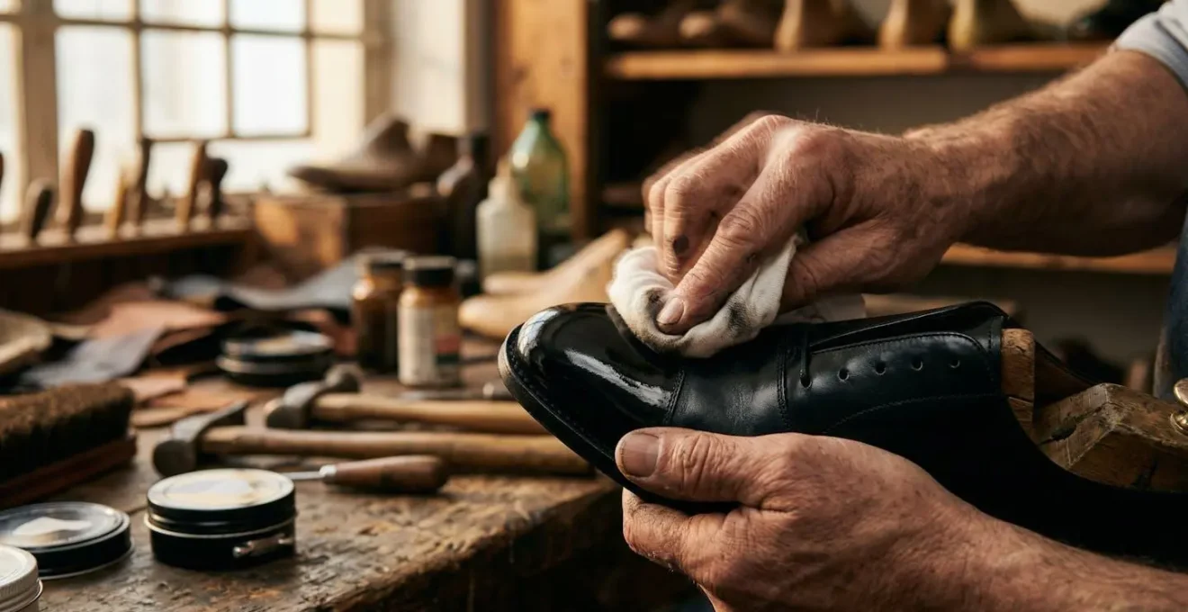 Mains d'artisan appliquant le cirage sur une chaussure Oxford noire avec reflet miroir