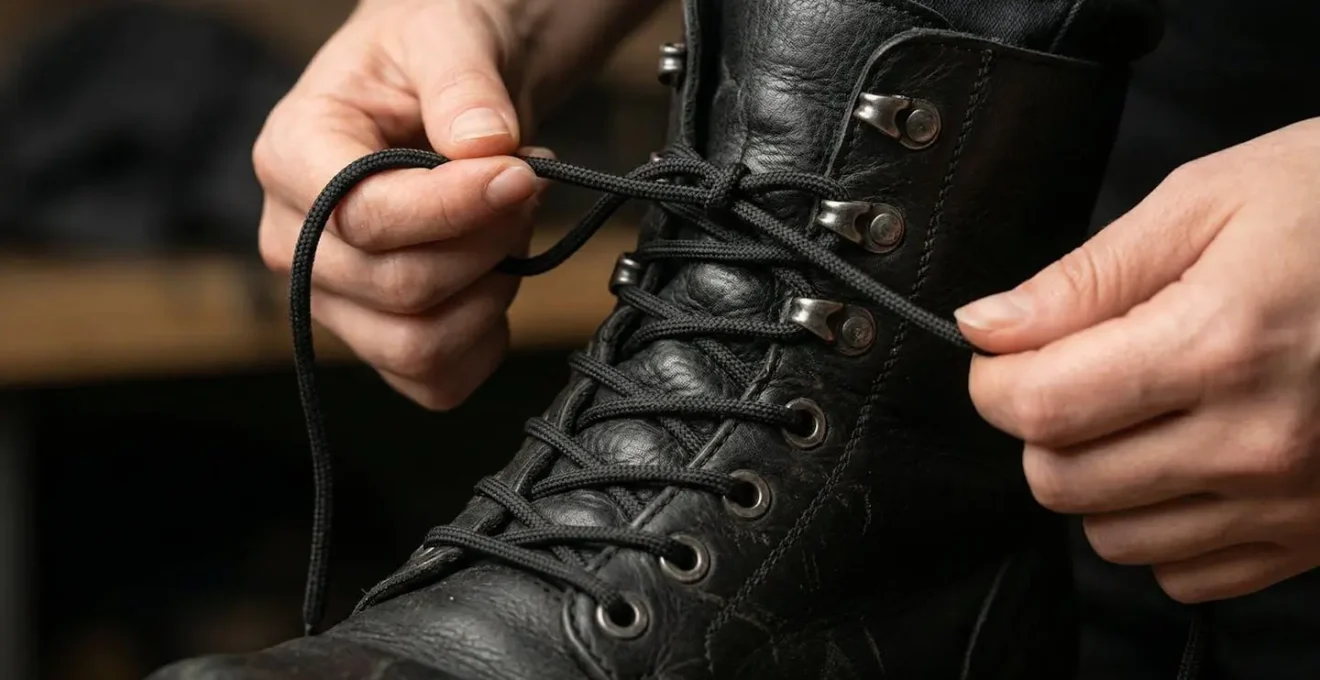 Gros plan sur des mains effectuant un laçage rapide sur des bottines chunky noires
