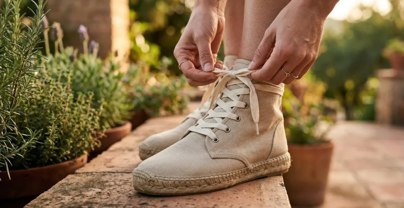 Démonstration du laçage d'espadrilles montantes avec rubans de tissu naturel