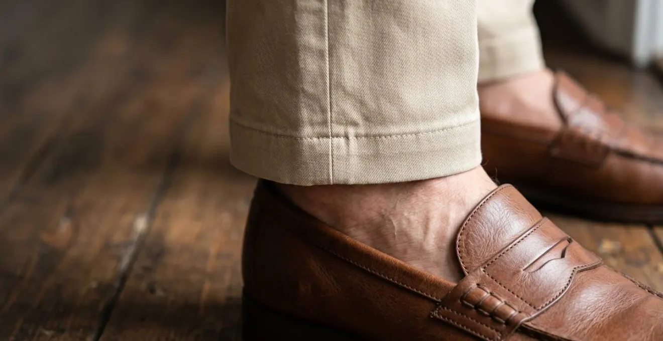 Gros plan sur des jambes masculines montrant la longueur parfaite d'un chino beige avec des mocassins penny loafers en cuir marron, sans chaussettes