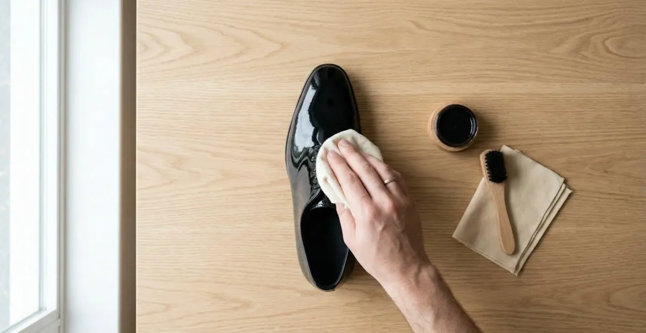 Vue rapprochée du processus de lustrage créant un effet miroir sur cuir vernis