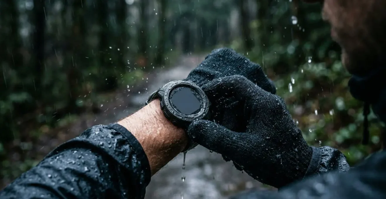 Gros plan sur les boutons latéraux d'une montre GPS sous la pluie