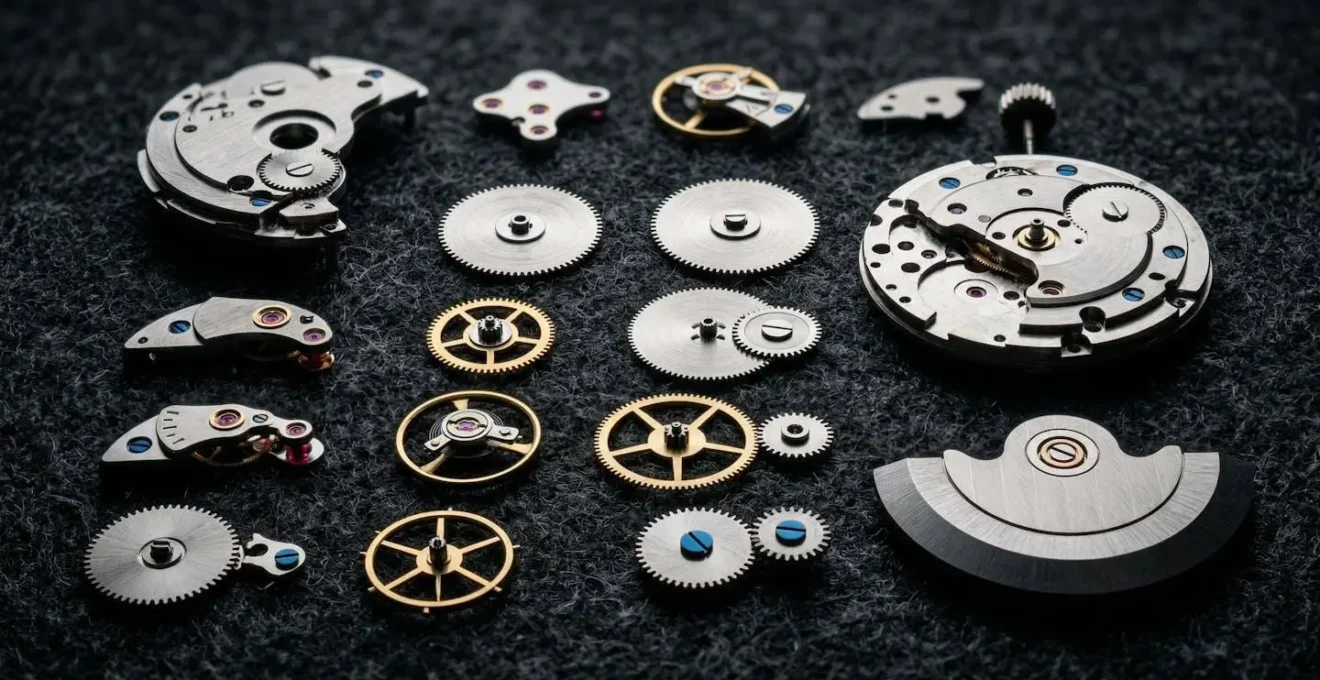 Mouvement de montre automatique démonté sur établi avec outils d'horloger