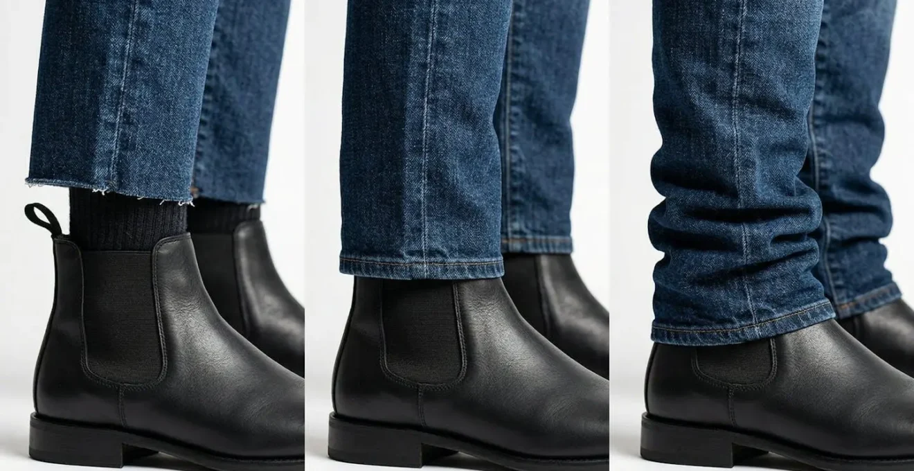 Trois exemples d'ourlets avec bottines Chelsea montrant les bonnes et mauvaises proportions