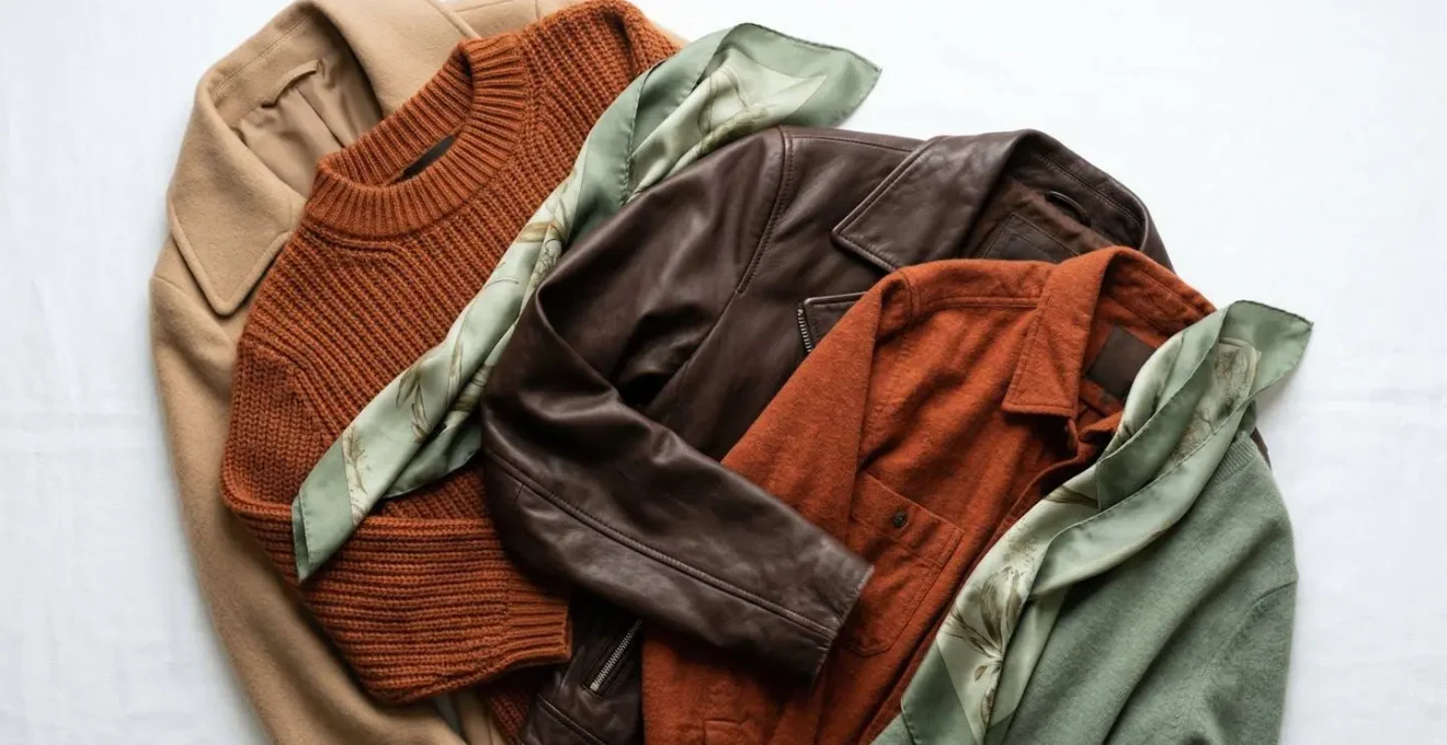 Composition de vêtements aux textures variées montrant une palette automnale moderne