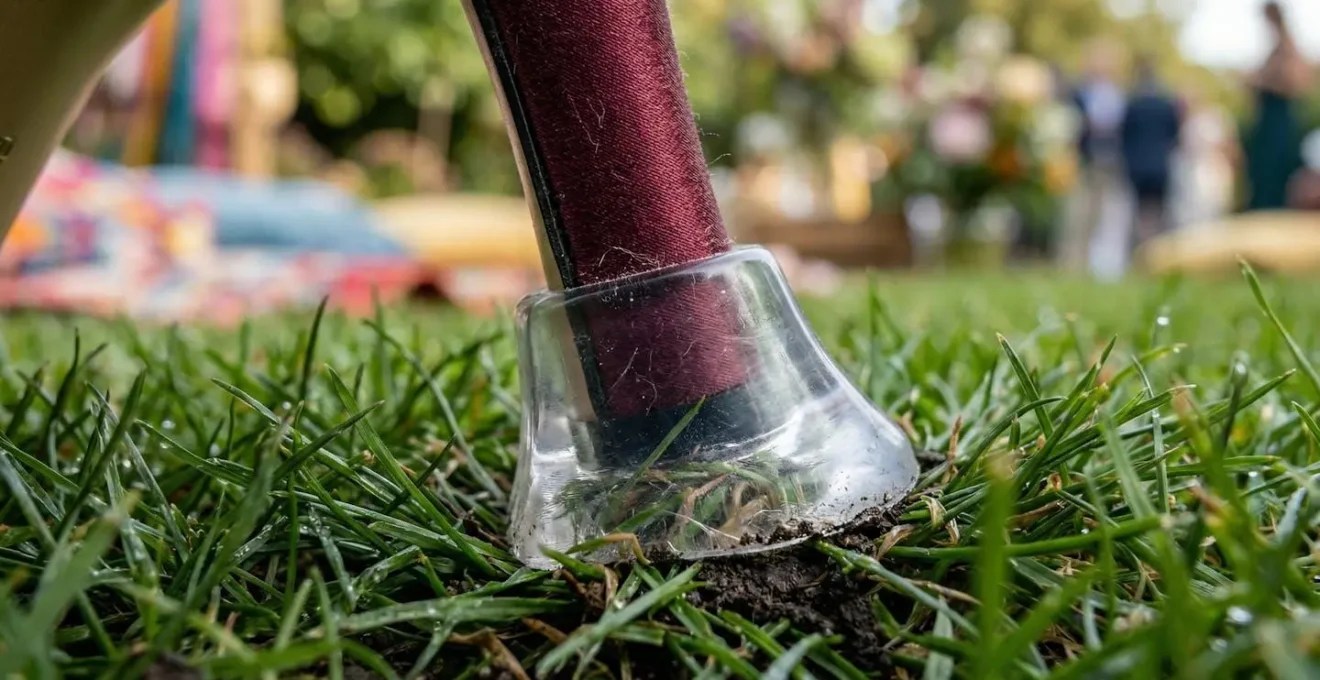Gros plan sur des protège-talons transparents fixés sur des escarpins dans l'herbe